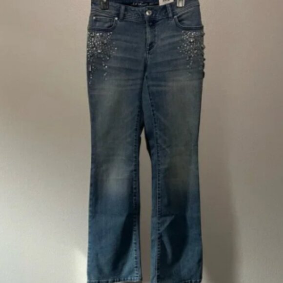 INC- NWT Flare Leg Curvy Fit Denim Jeans with Sparkly Diamond Rhinestone Size 2 - Picture 1 of 6